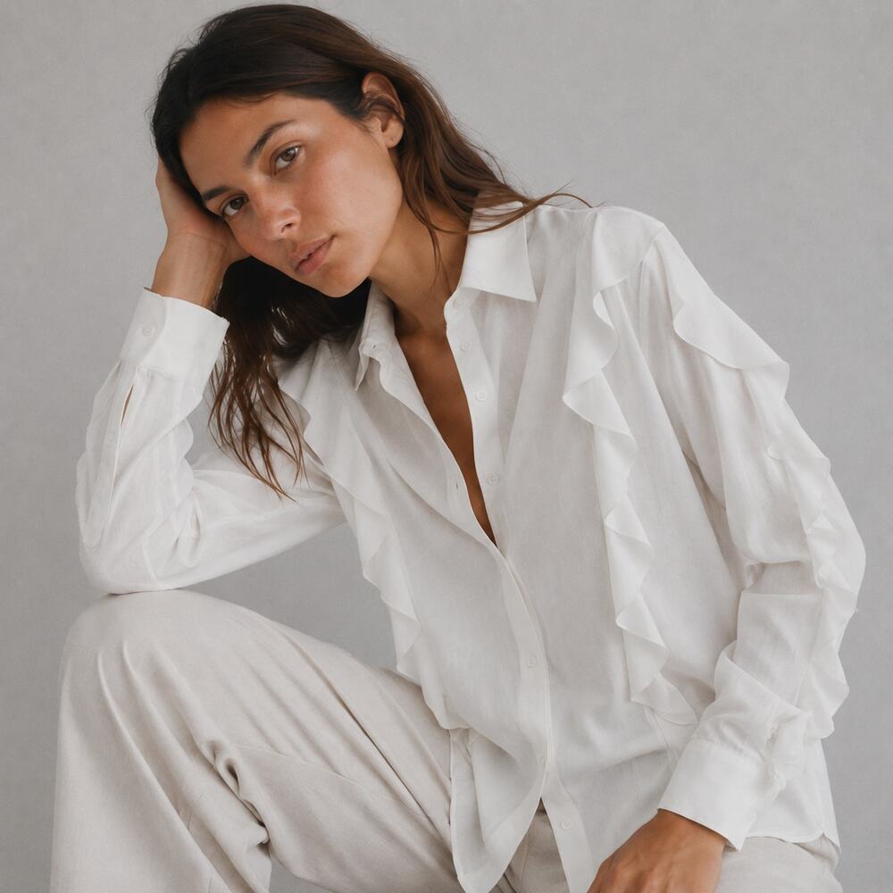 Massimo Dutti Blouse Shirt Womens XS White Button-up Long Sleeve Ruffle